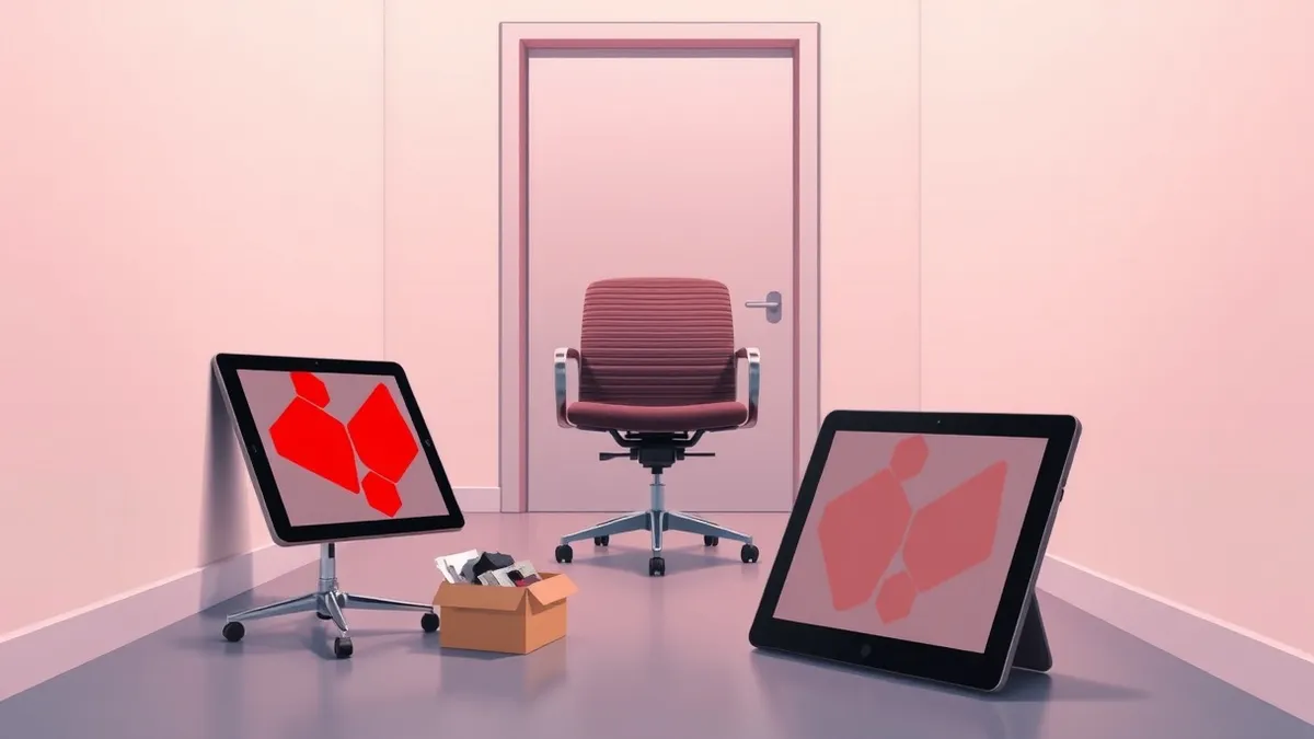 Illustration: A single office chair sits empty beside a closed door in a sterile hallway.