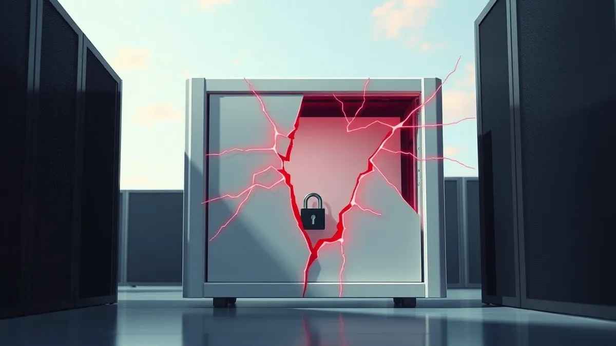 Illustration: A sleek white server node sits in a dark rack, its central access port exposed and devoid of any lock or shield.