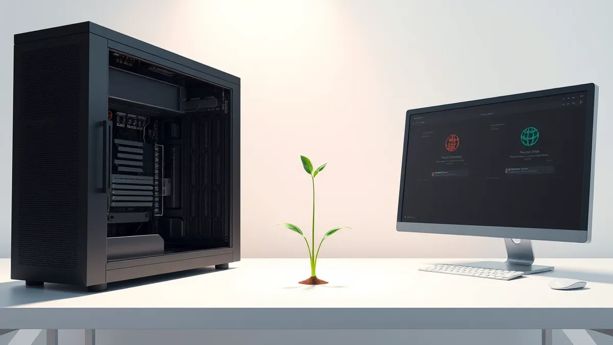 Illustration: A sleek black server tower sits on a clean white desk, its side panel open to reveal intricate circuit boards.