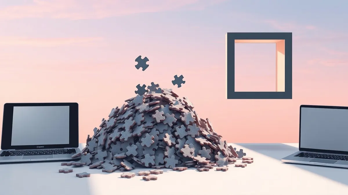 Illustration: A tangled heap of loose puzzle pieces sits on a clean desk, representing broken data structures.