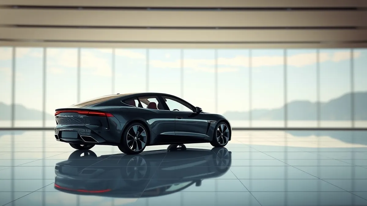 Illustration: A sleek black electric sedan rests on a polished showroom floor, its aerodynamic curves catching the light.