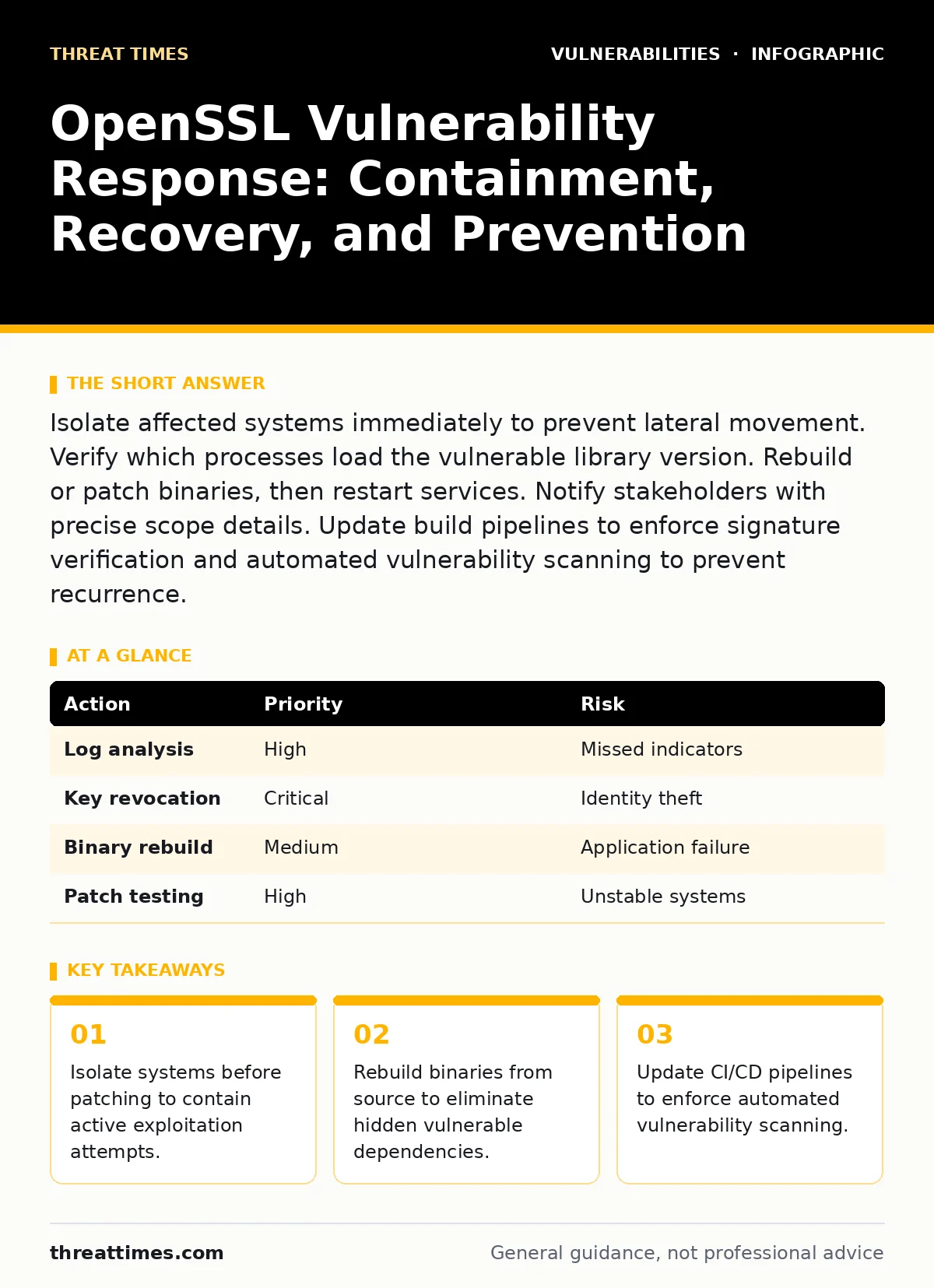 Infographic: OpenSSL Vulnerability Response: Containment, Recovery, and Prevention. Isolate systems before patching to contain active exploitation attempts. Rebuild binaries from source to eliminate hidden vulnerable dependencies. Update CI/CD pipelines to enforce automated vulnerability scanning.