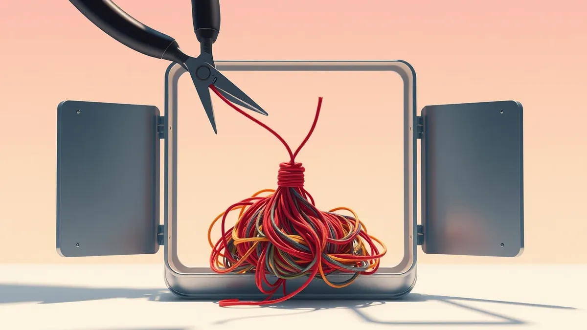Illustration: A pair of pliers snips a thin, tangled red thread from a dense knot of multicolored fibers inside an open metal box.