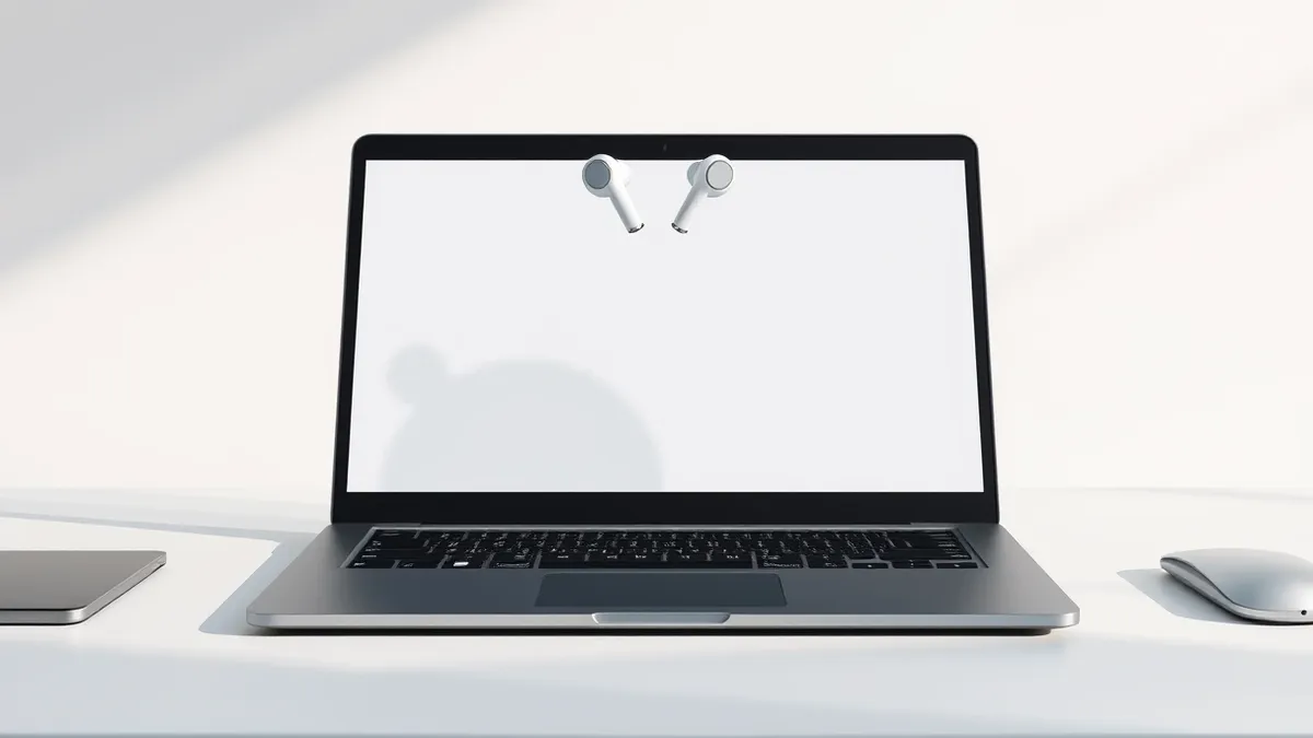 Illustration: A sleek black laptop sits on a clean white desk, its display showing soft, indistinct shapes.