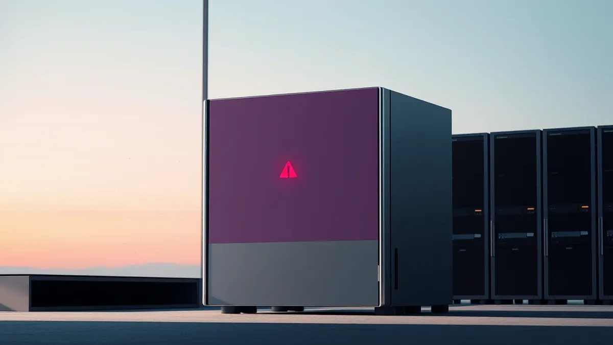 Illustration: A sleek silver database server sits in a quiet office, its front panel reflecting soft ambient light.