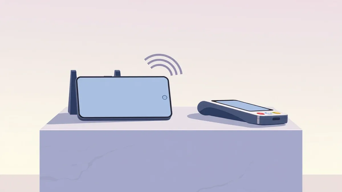 Illustration: A smartphone rests on a polished stone table next to a contactless payment terminal.