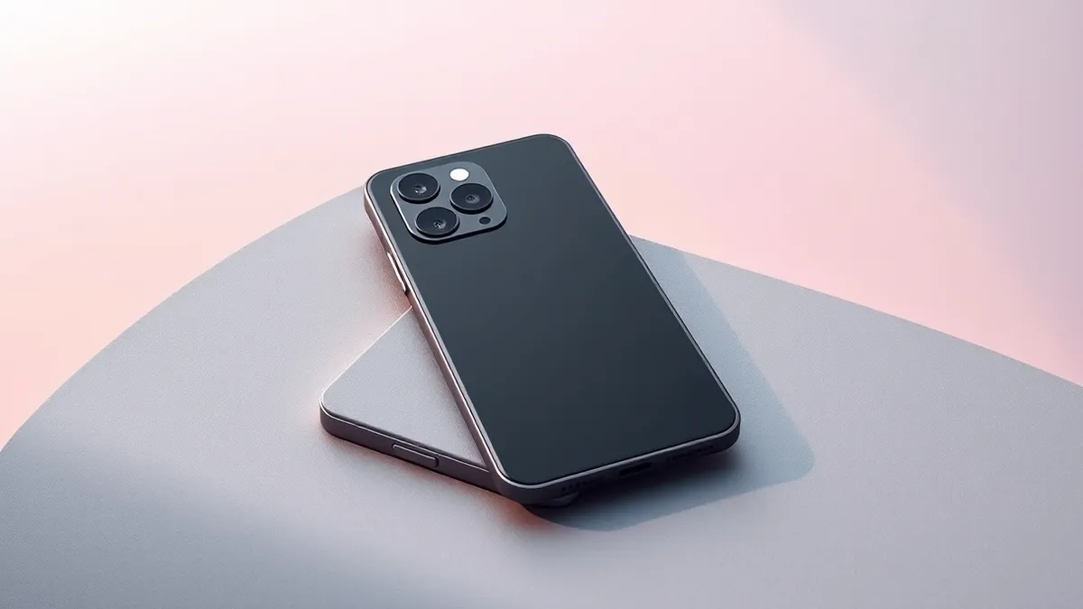 Illustration: A sleek black smartphone rests on a matte surface, its rear panel featuring three large camera lenses arranged in a vertical array.