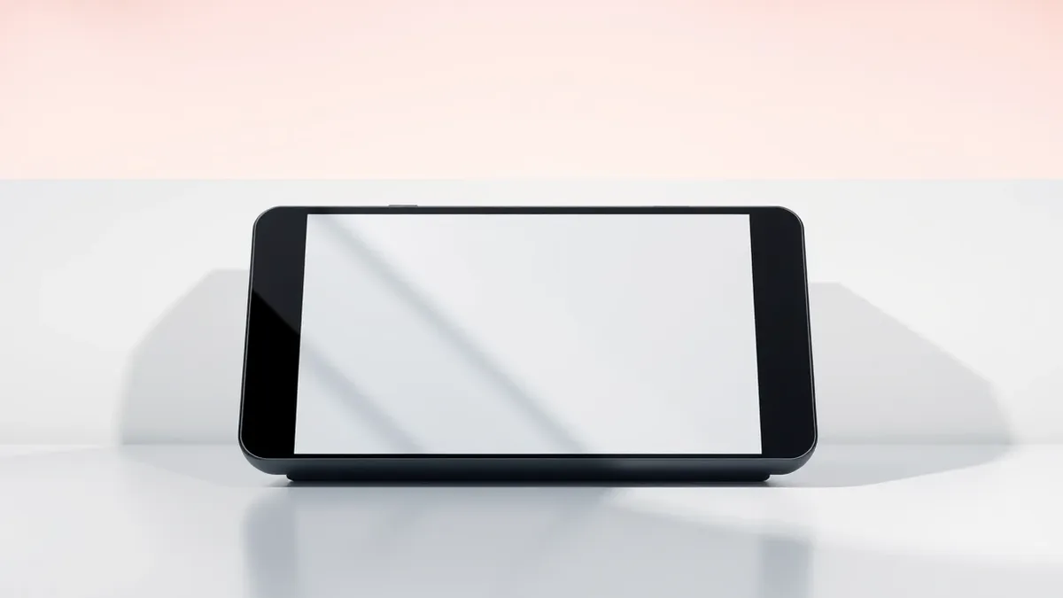 Illustration: A sleek black rectangular device sits on a white table, its smooth surface reflecting overhead light.