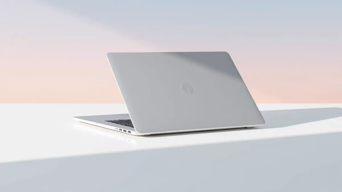 Illustration: A sleek, modern laptop with a thin profile rests on a clean white desk.