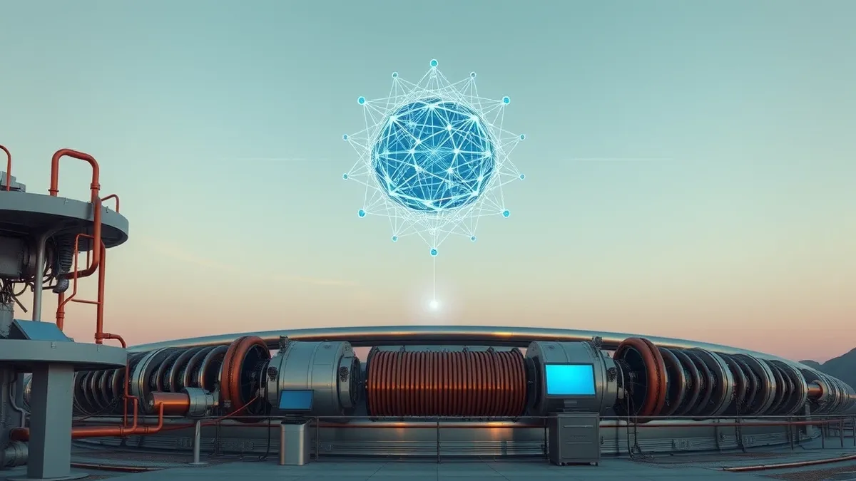 Illustration: A massive metallic particle accelerator ring dominates the landscape, with intricate copper coils and cooling pipes spiraling inward.
