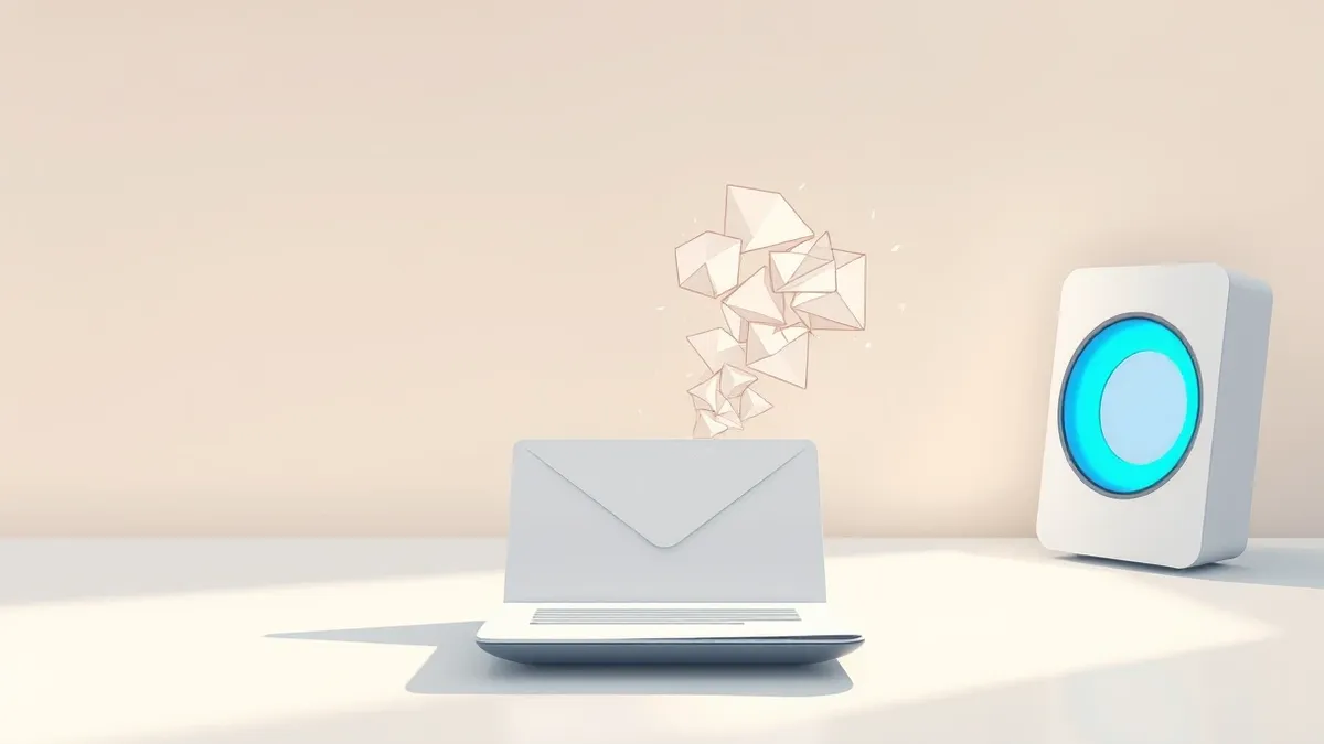 Illustration: A single email with a blank attachment rests on a clean desk.