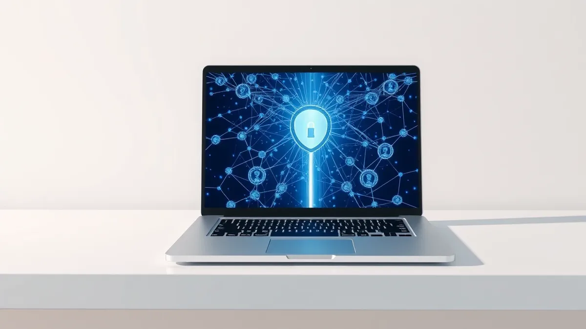 Illustration: A sleek silver laptop sits on a clean white desk, its screen displaying a complex web of interconnected blue nodes and glowing lines.