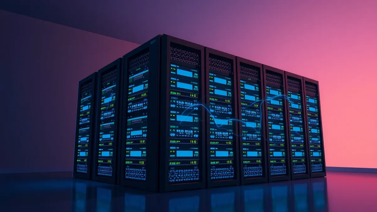 Illustration: A sleek server rack sits in a dimly lit room, its front panels featuring rows of blank, glowing status lights.