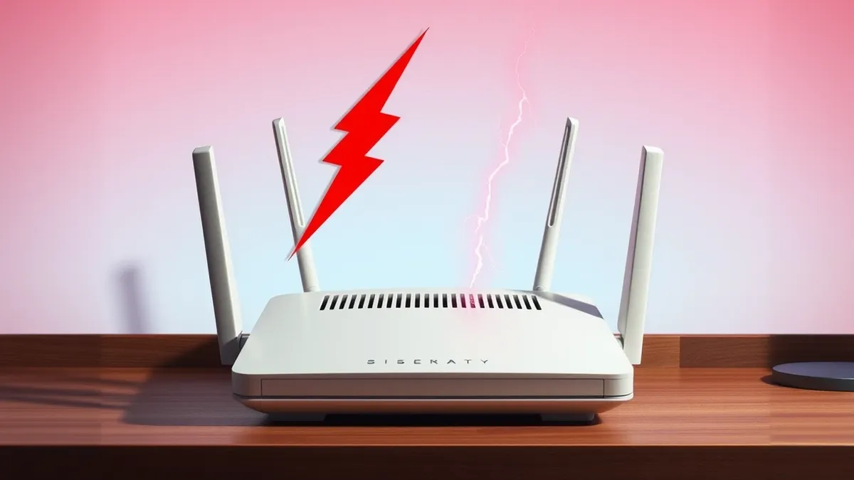 Illustration: A white home wireless router sits on a wooden desk with its antennas raised.