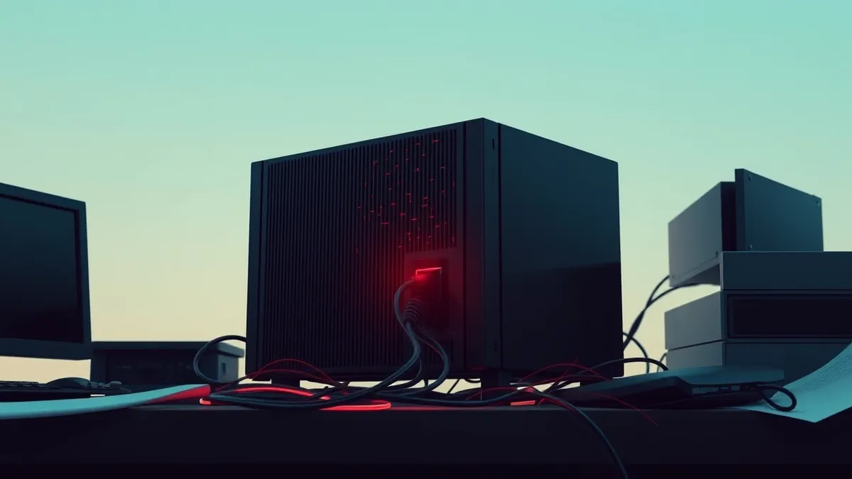 Illustration: A sleek black network firewall sits on a cluttered desk.