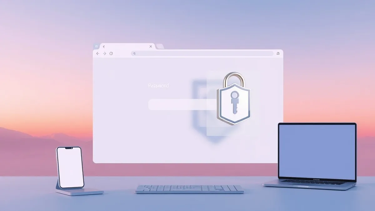 Illustration: A modern web browser window displays a clean login form with an empty password field and a highlighted passkey icon.
