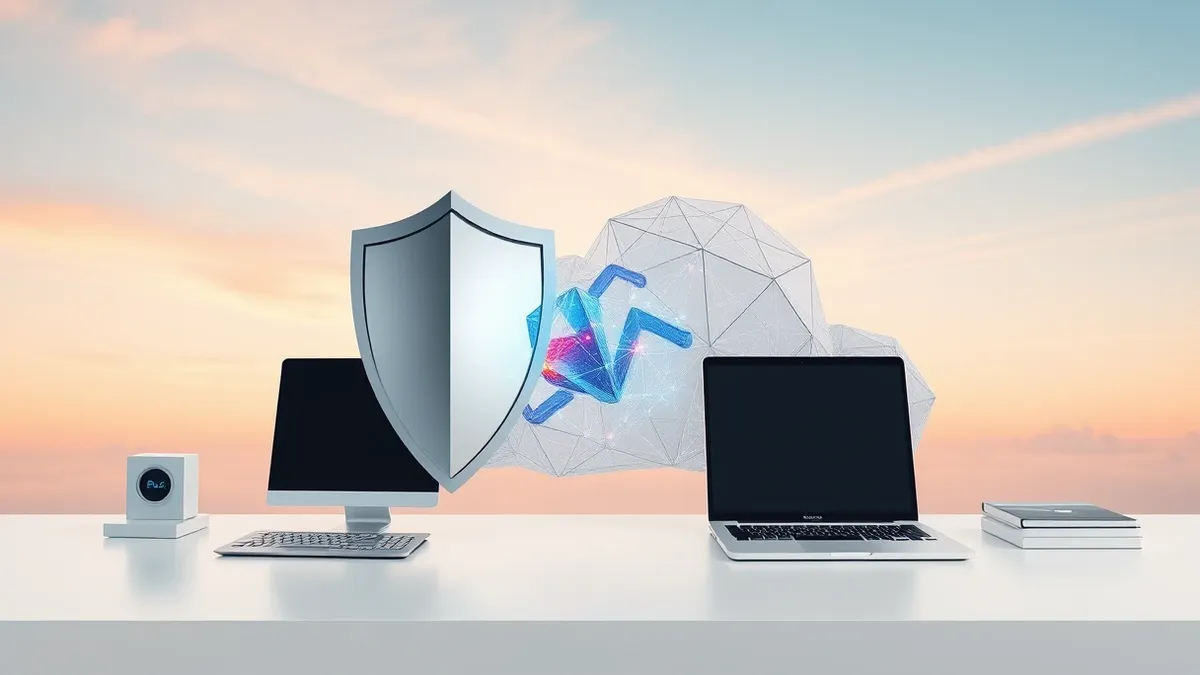 Illustration: A sleek silver security shield merges with a translucent geometric data cloud.