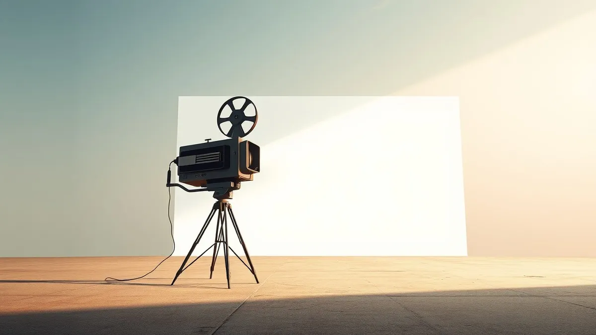 Illustration: A vintage film projector stands alone on a dusty concrete floor, casting a bright beam of light onto a blank white screen.