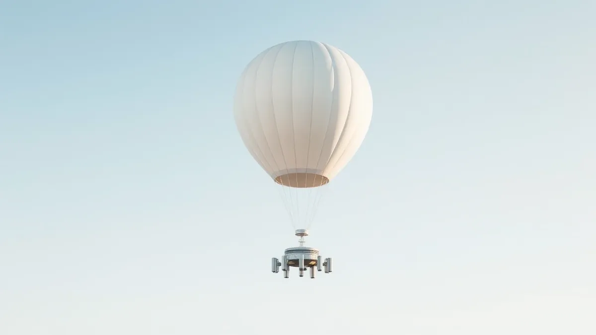 Illustration: A white weather balloon ascends into a pale blue sky, tethered by a thin line to a cluster of cylindrical atmospheric sensors.