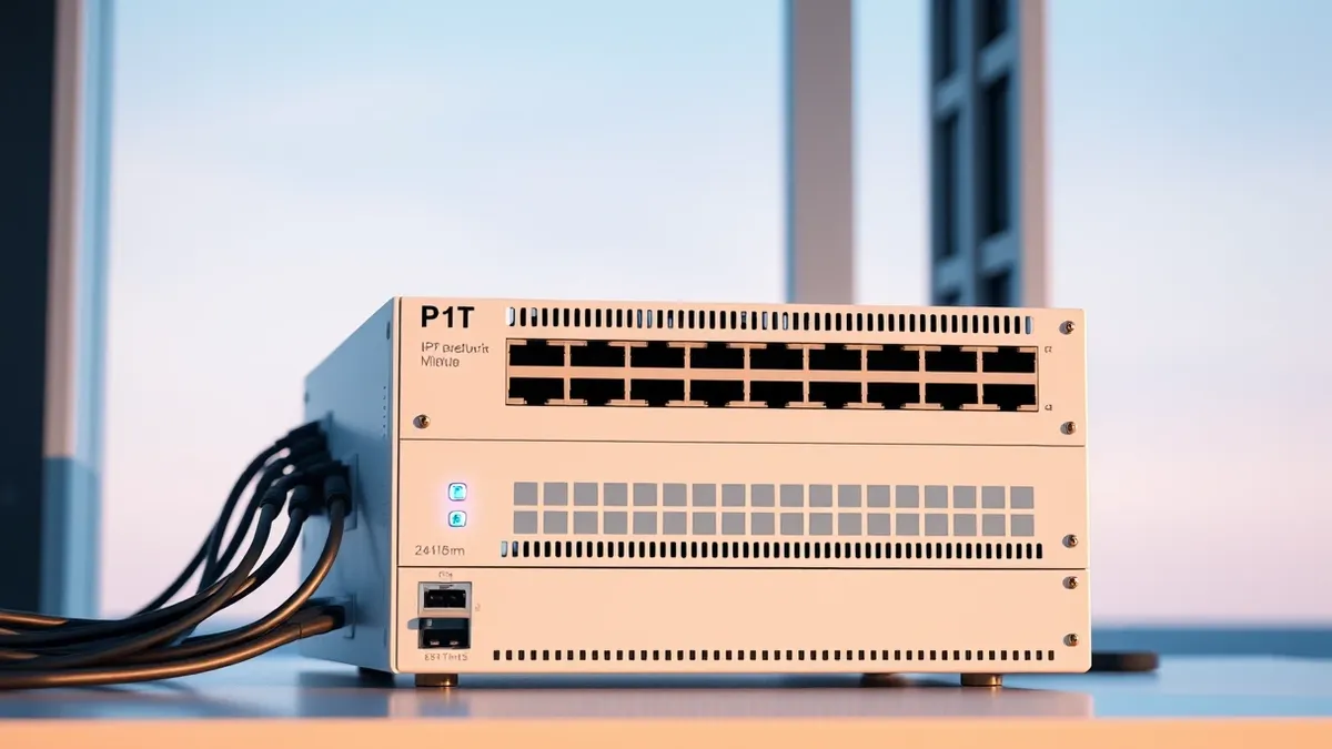 Illustration: A white network switch sits on a lab bench with multiple ethernet cables plugged in.