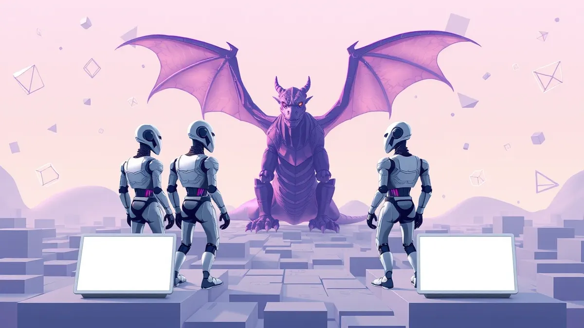Illustration: Four sleek silver robots stand together on a blocky digital landscape, facing a massive purple dragon with translucent wings.