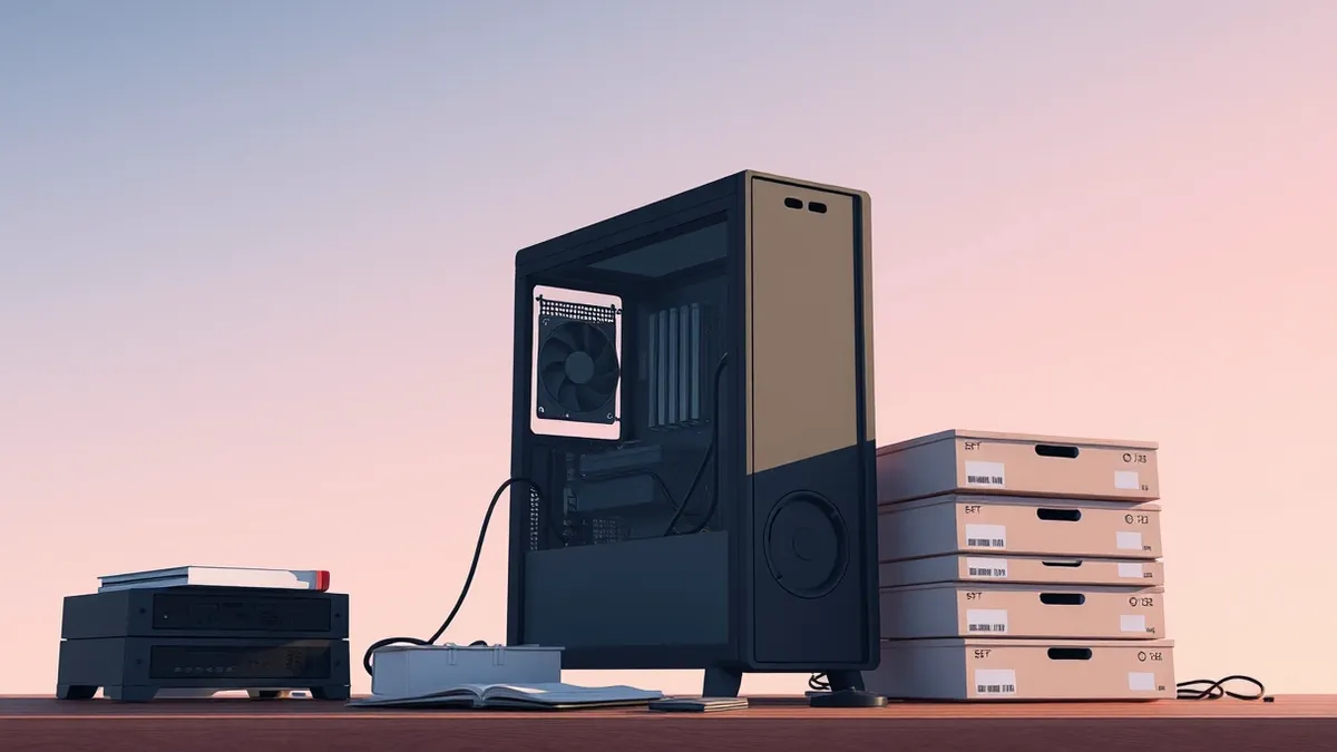 Illustration: A sleek black computer tower sits on a cluttered desk, its side panel removed to reveal circuit boards and cooling fans.