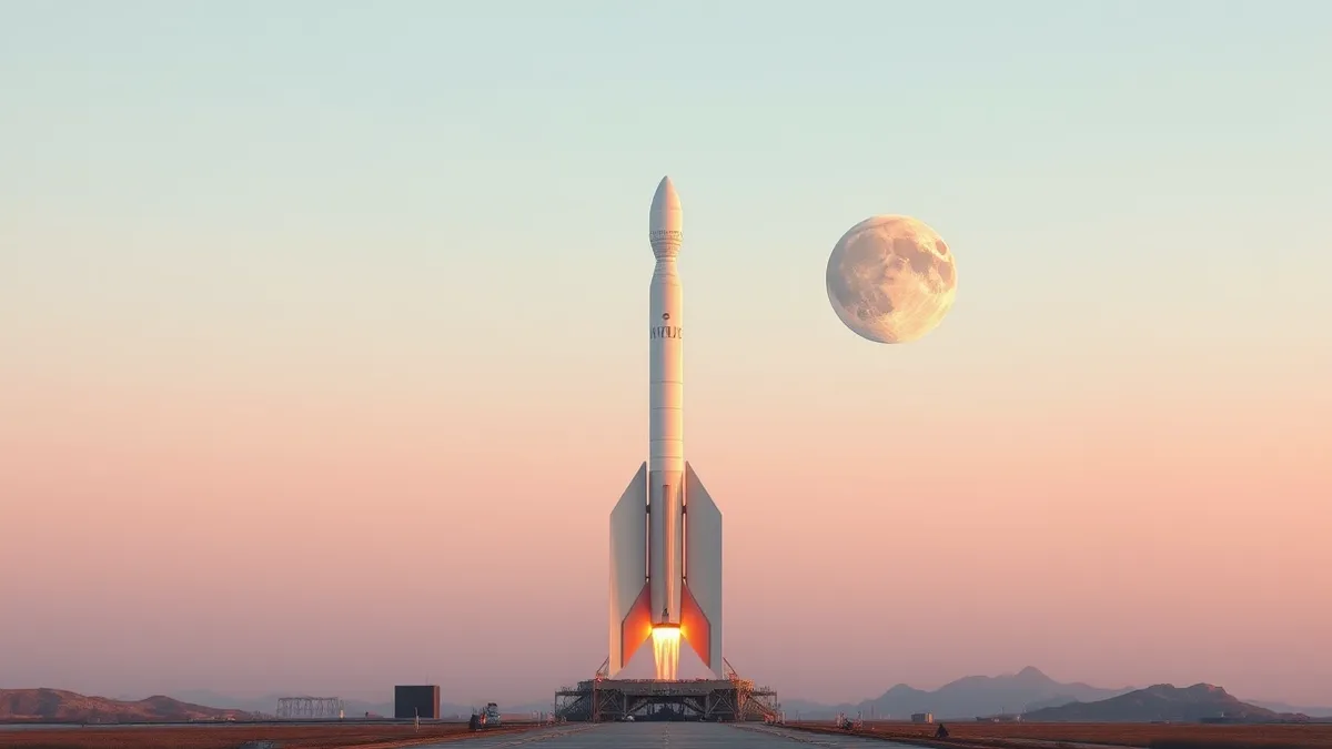 Illustration: A sleek white rocket stands vertically on a launch pad, its engines glowing with bright orange fire as it begins to ascend into the pale blue sky.