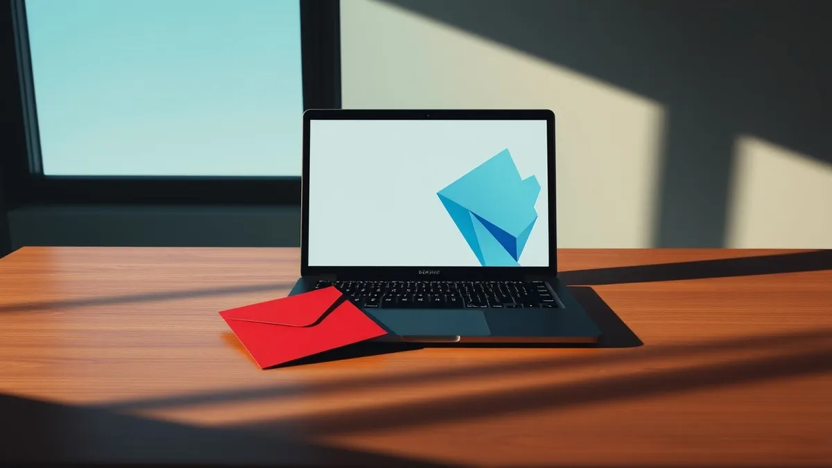 Illustration: A sleek black laptop sits open on a polished wooden desk, its screen displaying a blank window with abstract blue geometric shapes.