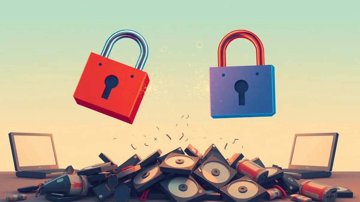 Illustration: Two distinct digital locks clash in mid-air, sparks flying from their impact.