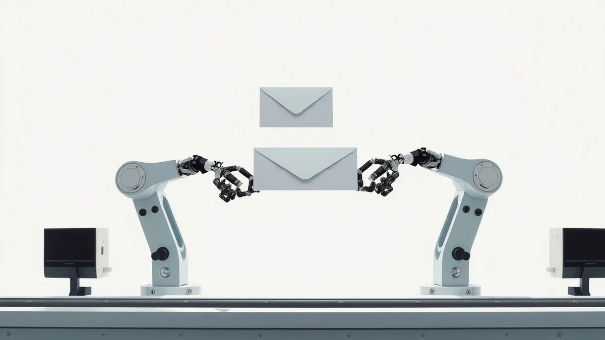 Illustration: Two identical robotic arms stand on a production line, each holding a blank white envelope.