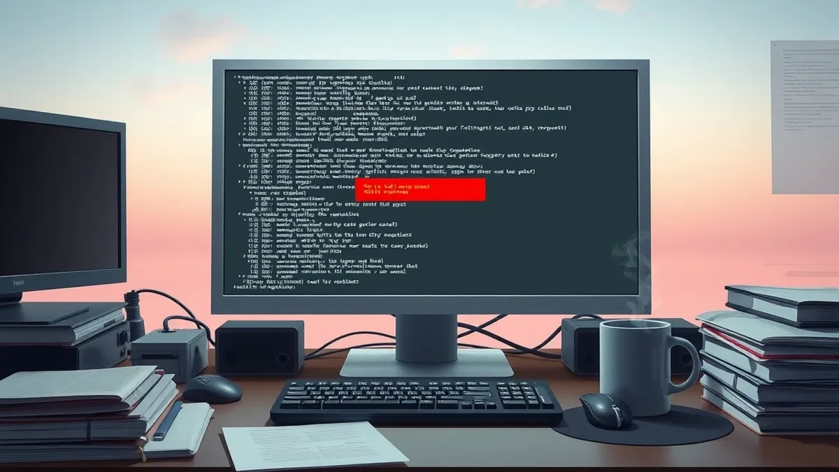 Illustration: A white command-line terminal window sits on a cluttered desk.