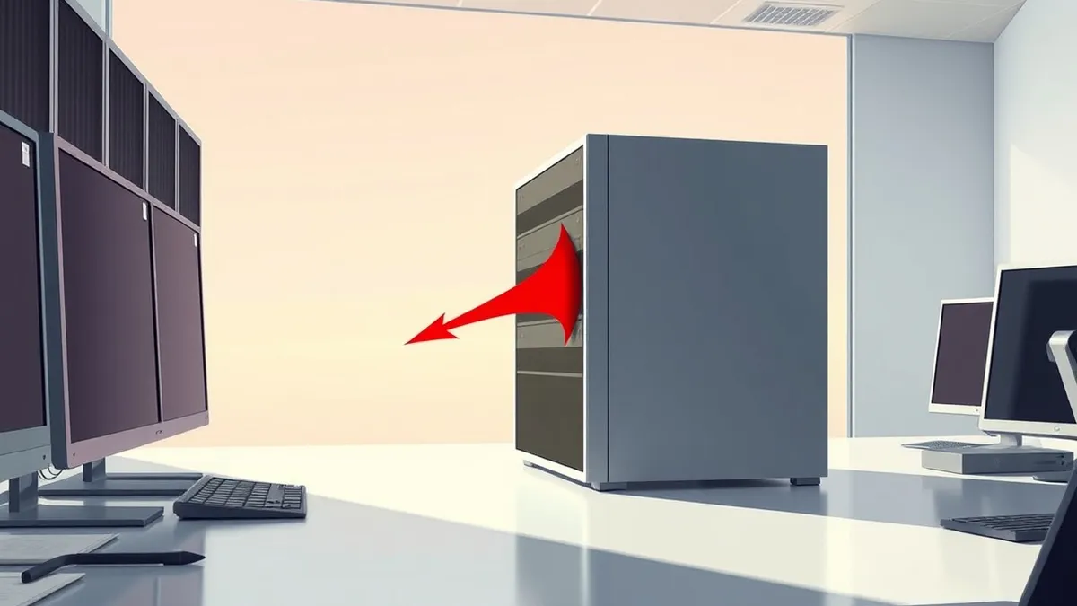 Illustration: A sleek database server sits on a clean desk while a jagged red arrow pierces through its side panel, representing an external exploit entering the system through a d