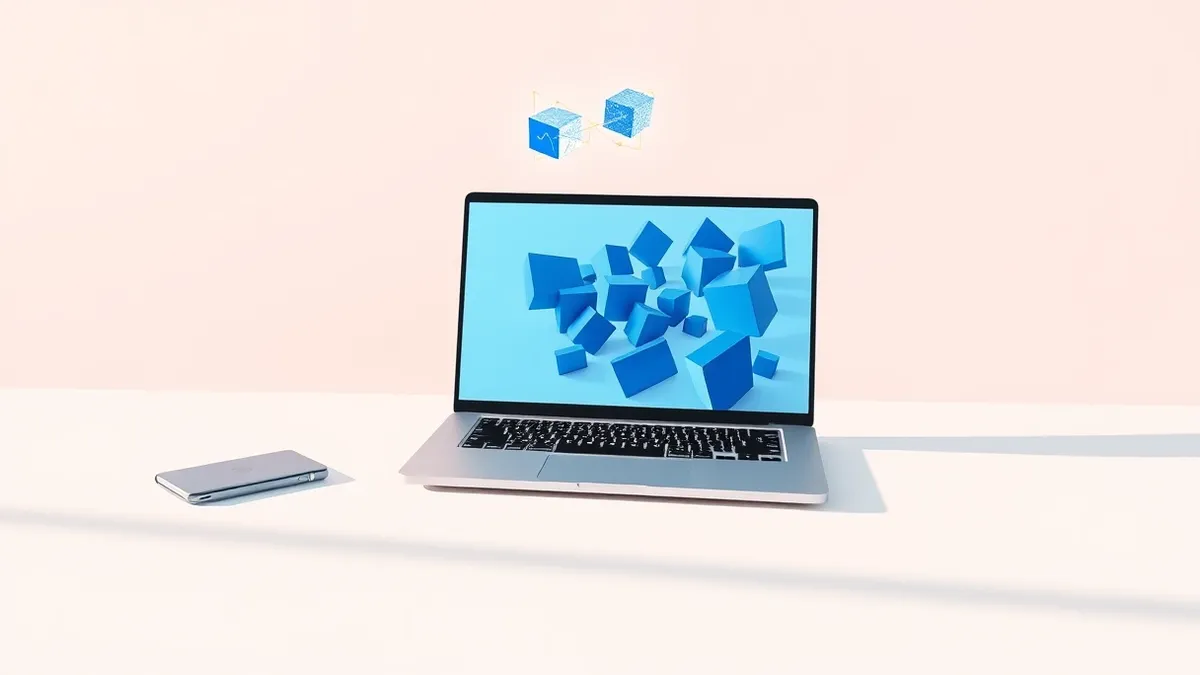 Illustration: A sleek silver laptop sits on a minimalist white desk, its screen displaying a grid of abstract blue geometric shapes that represent modular software components.