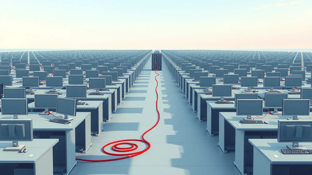 Illustration: A vast, empty office floor stretches out, filled with hundreds of identical grey desks.