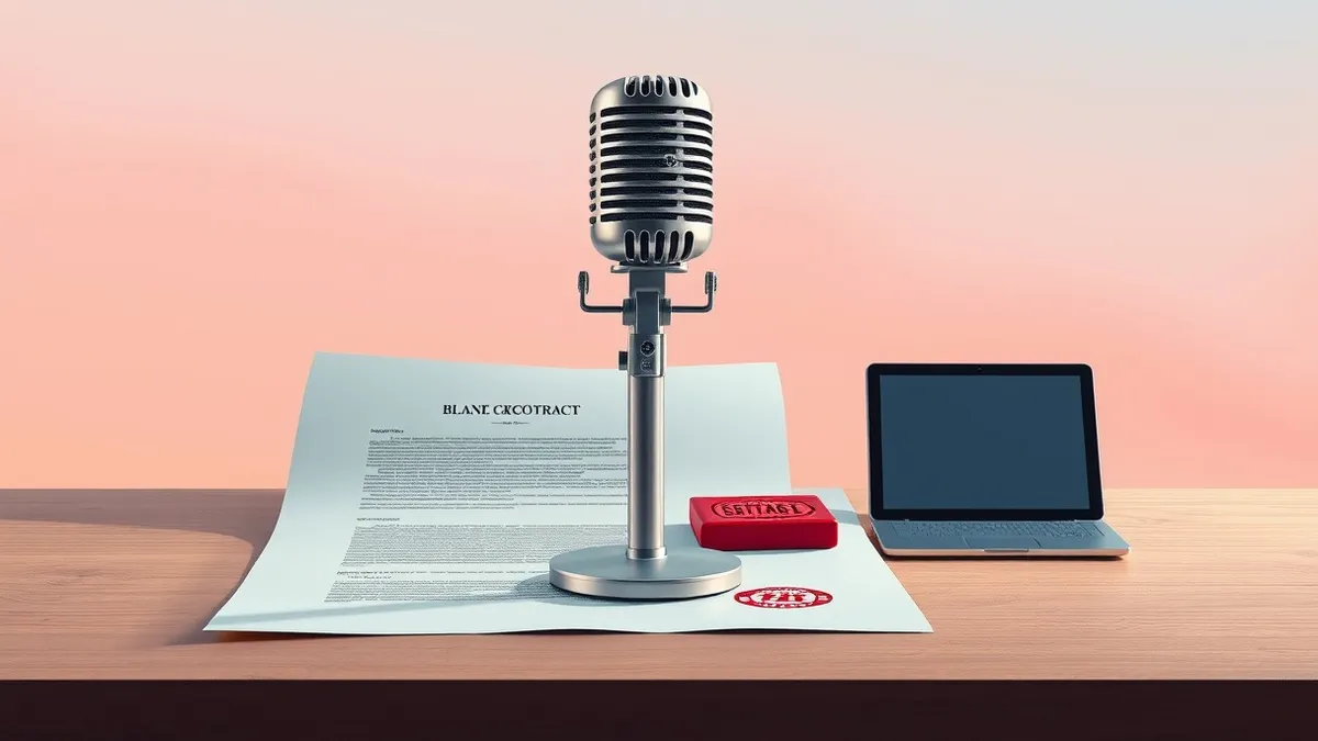 Illustration: A silver microphone stands on a table beside a blank contract and a red stamp.