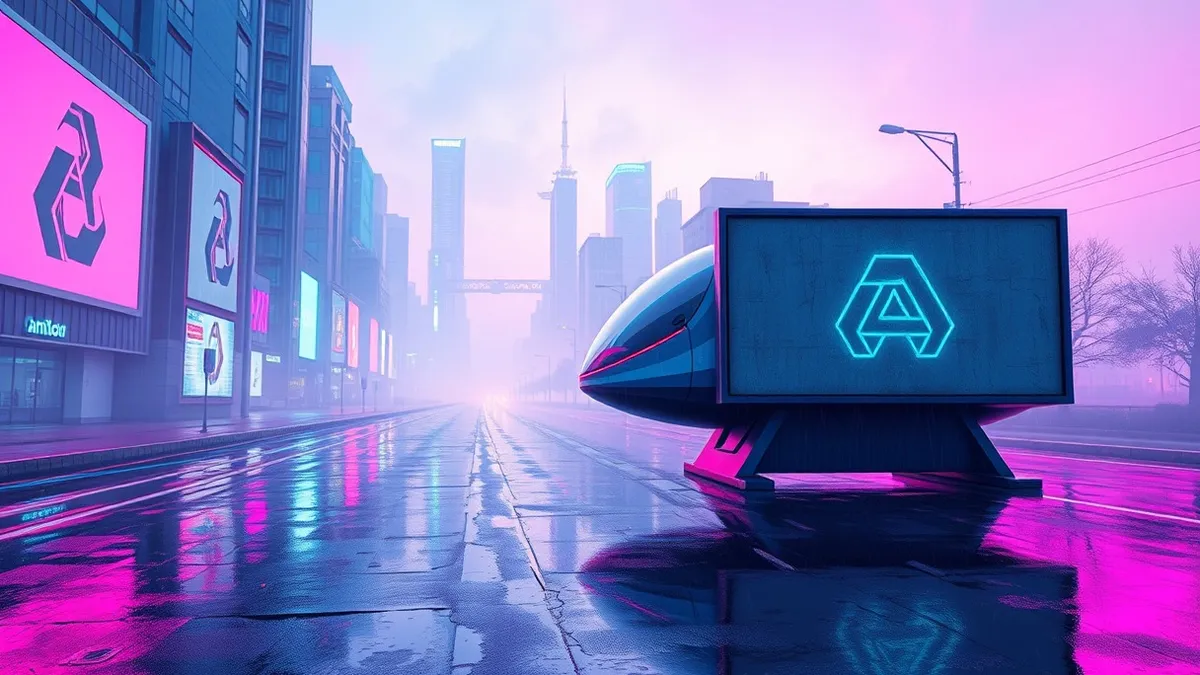 Illustration: A neon-drenched city street stretches into a foggy horizon under the glow of holographic advertisements.