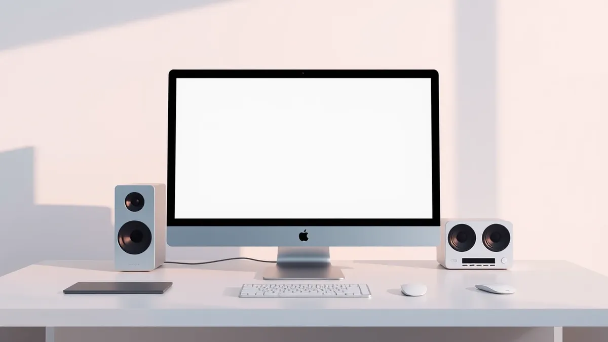 Illustration: A sleek silver desktop computer sits on a clean white desk with its display showing a blank desktop background.
