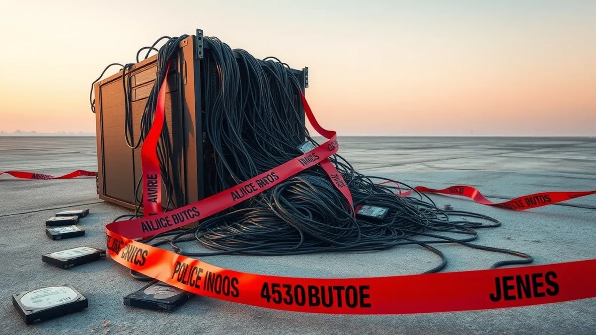 Illustration: A tangle of black ethernet cables spills from a broken server chassis onto a concrete floor, surrounded by scattered hard drives and tangled wires.