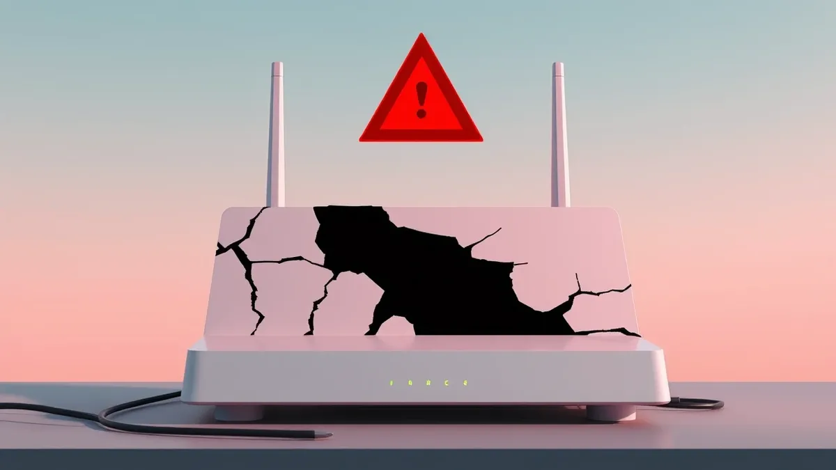 Illustration: A red warning triangle hovers over a sleek white network router sitting on a desk.