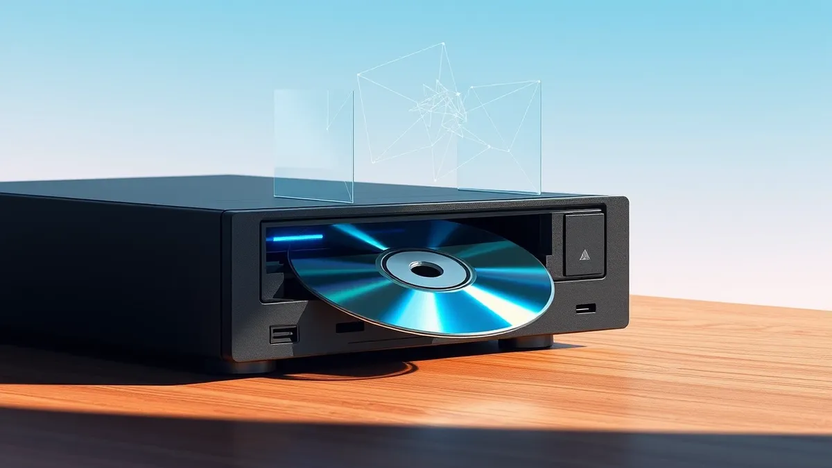 Illustration: A sleek black optical disc drive sits open on a wooden desk, revealing the shiny surface of a compact disc resting inside.