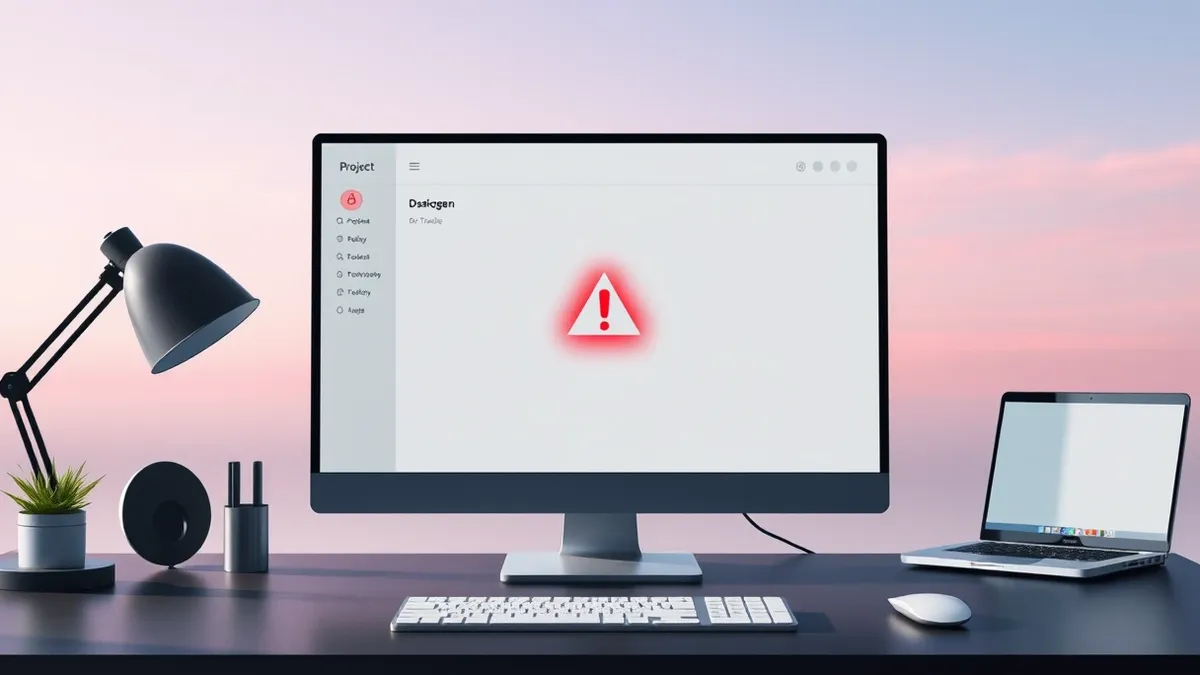 Illustration: A sleek, modern project management dashboard interface sits on a dark desk.
