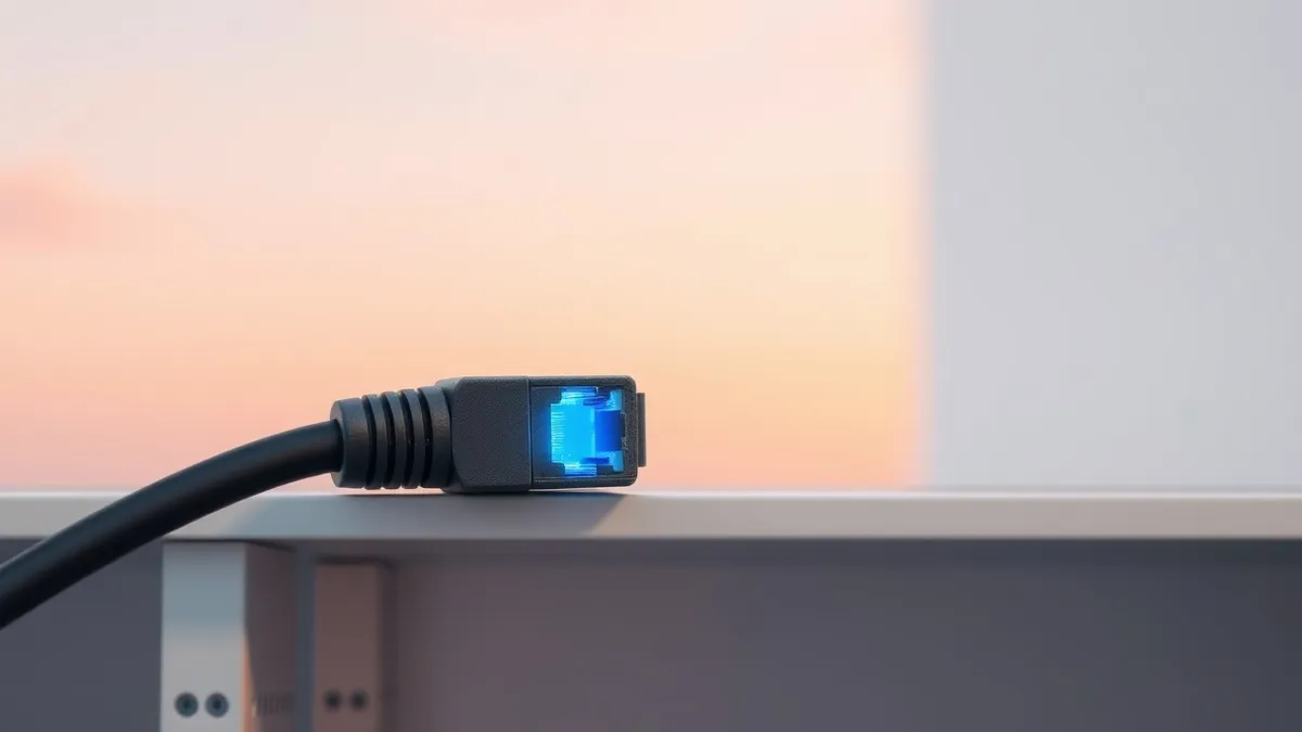 Illustration: A sleek black database cable plugs into a matte grey network interface card.
