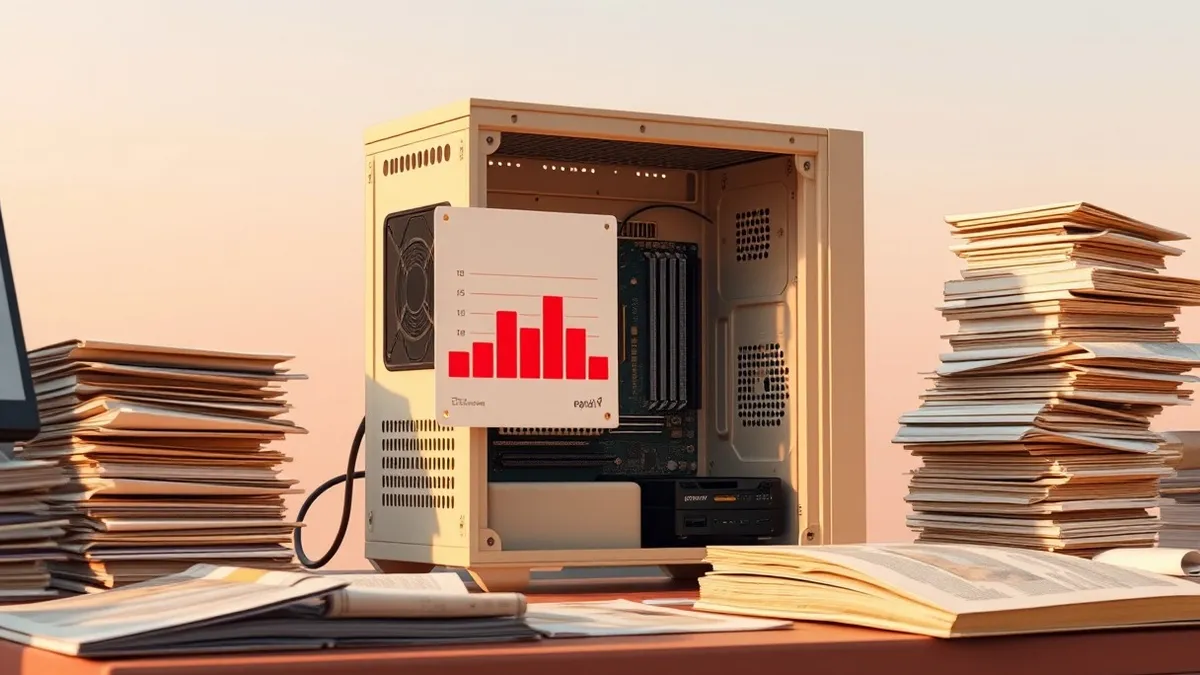 Illustration: A beige desktop computer case sits on a cluttered desk next to a thick stack of yellowed magazine pages.