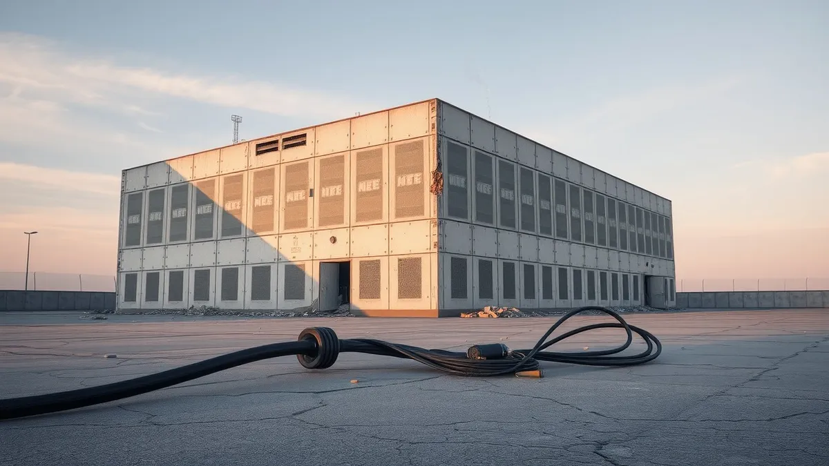Illustration: A large concrete data center building sits damaged under a gray sky.