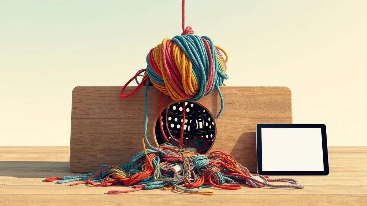 Illustration: A tangled knot of colorful yarn strands slips through a small hole in a wooden board.