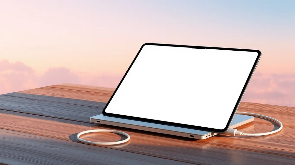 Illustration: A silver convertible laptop rests on a wooden desk, its screen rotated into tablet mode.