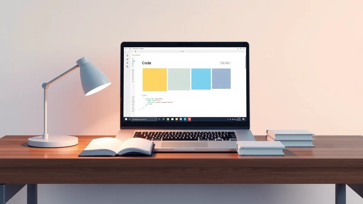 Illustration: A sleek laptop sits on a wooden desk, its screen displaying a blank code editor with three distinct, abstract color blocks representing different technical modules.