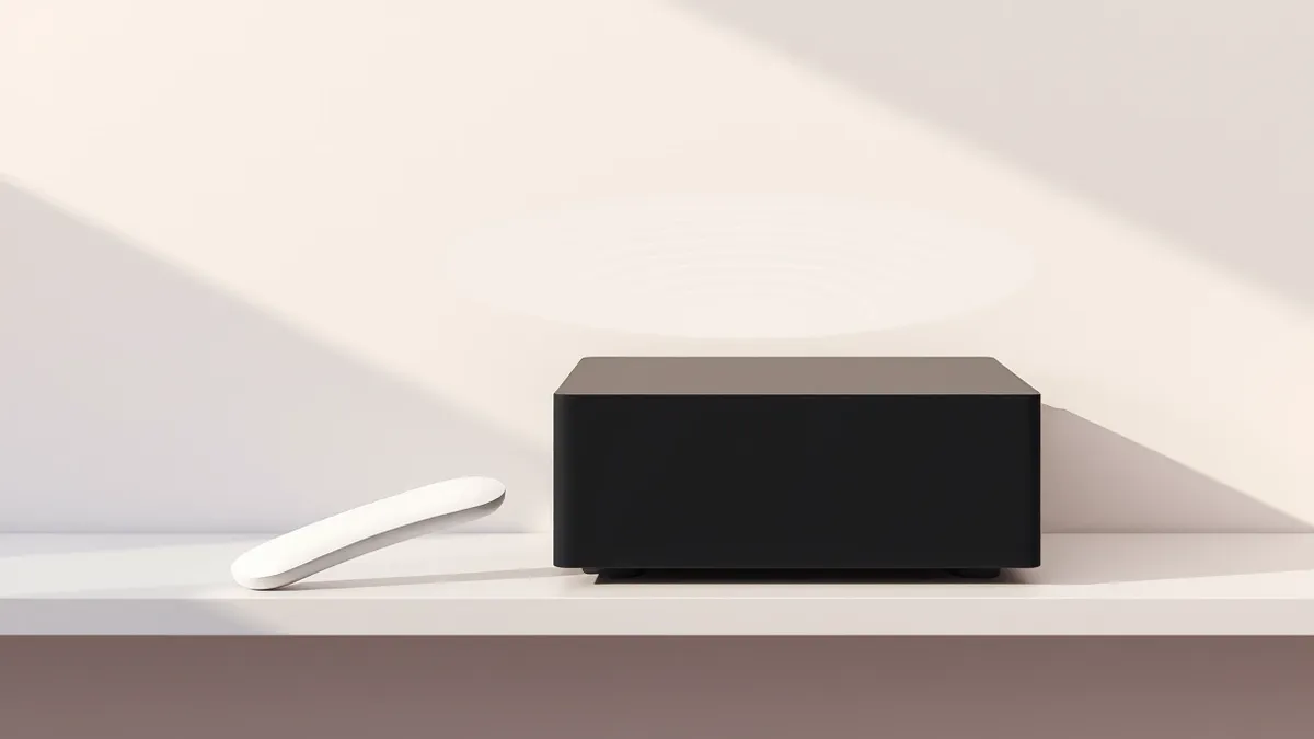 Illustration: A sleek black rectangular media player sits on a minimalist shelf beside a white curved remote control.