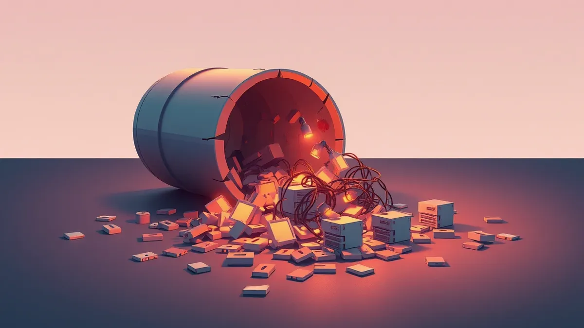 Illustration: A cracked database cylinder spills glowing keys onto a dark surface.