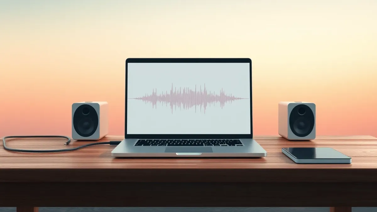 Illustration: A silver laptop sits open on a wooden desk, completely detached from any cables or wireless connections.